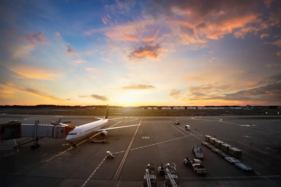 Transportation from LaGuardia to JFK an airplane is parked on the runway at sunset